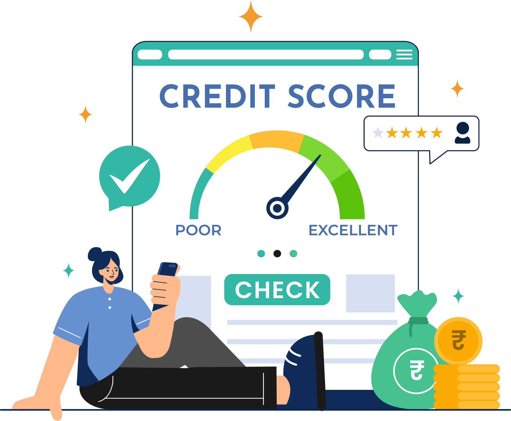 Illustration showing a person checking an excellent credit score dashboard